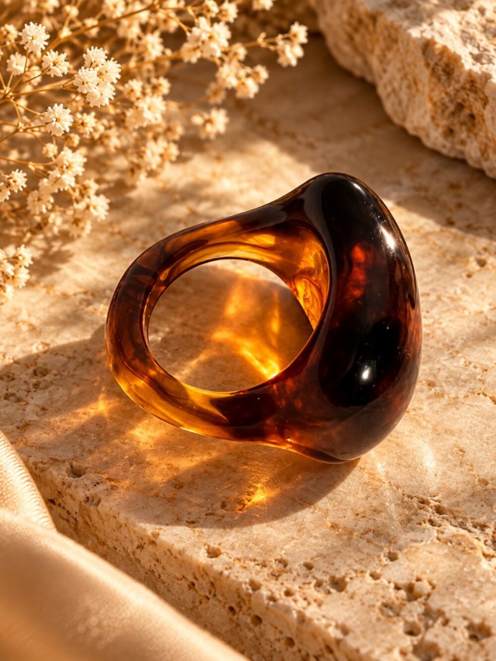 Chunky Cognac Brown Lucite Resin Statement Ring